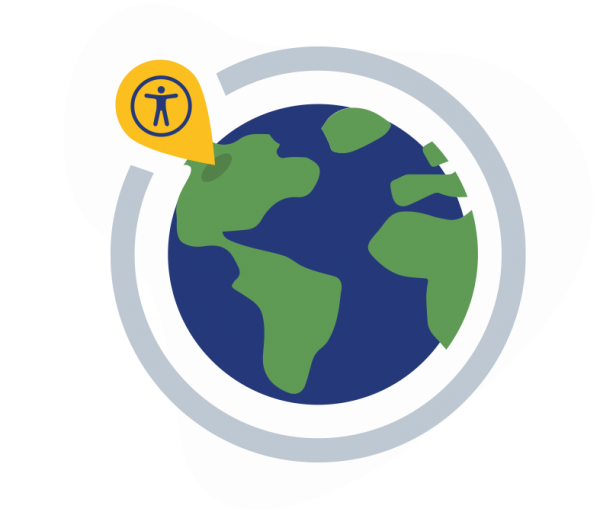 an icon of a the globe with a location tag which is the accessibility symbol